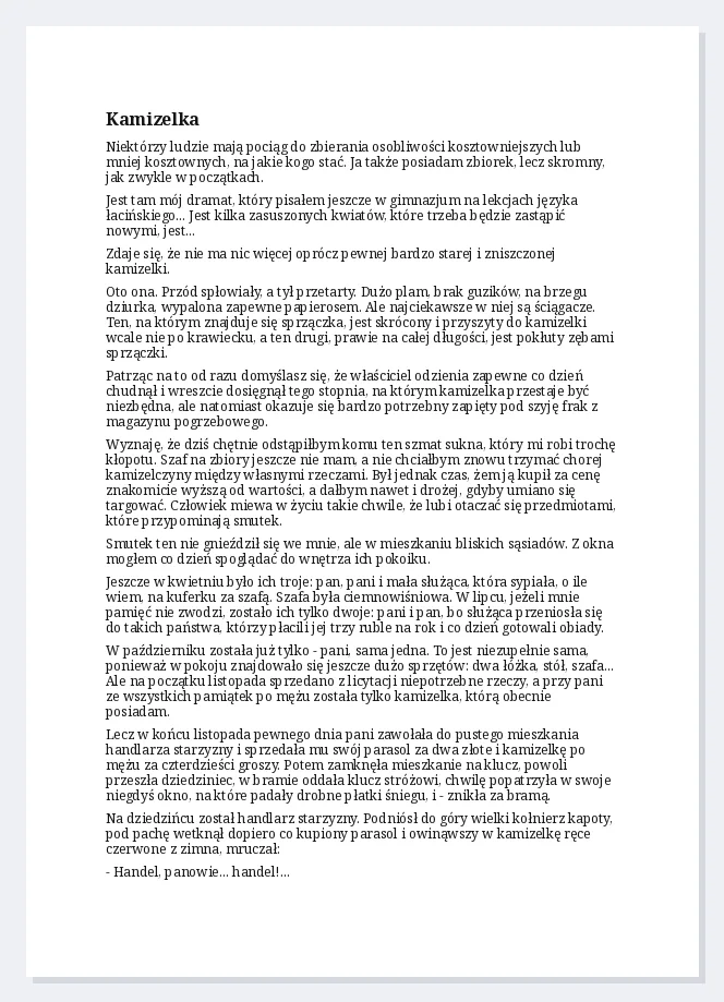 Tekst noweli w edytorze: proste cudzysłowy, bez składu